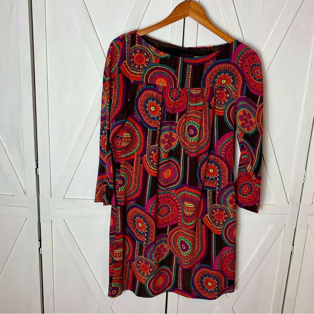 SOLD ❤️ Trina Turk Medallion Mandala 100% Silk 3/4 Length Long Sleeve Dress Sz 8 - Picture 2 of 16
